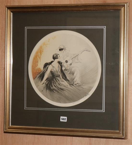 Jean Hardy, drypoint etching, Pierrot serenading a lady, signed in pencil, tondo, 35cm